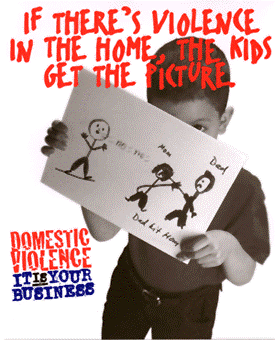A kid holding up a drawing with the text 'If there's violence in the home, the kids get the pi